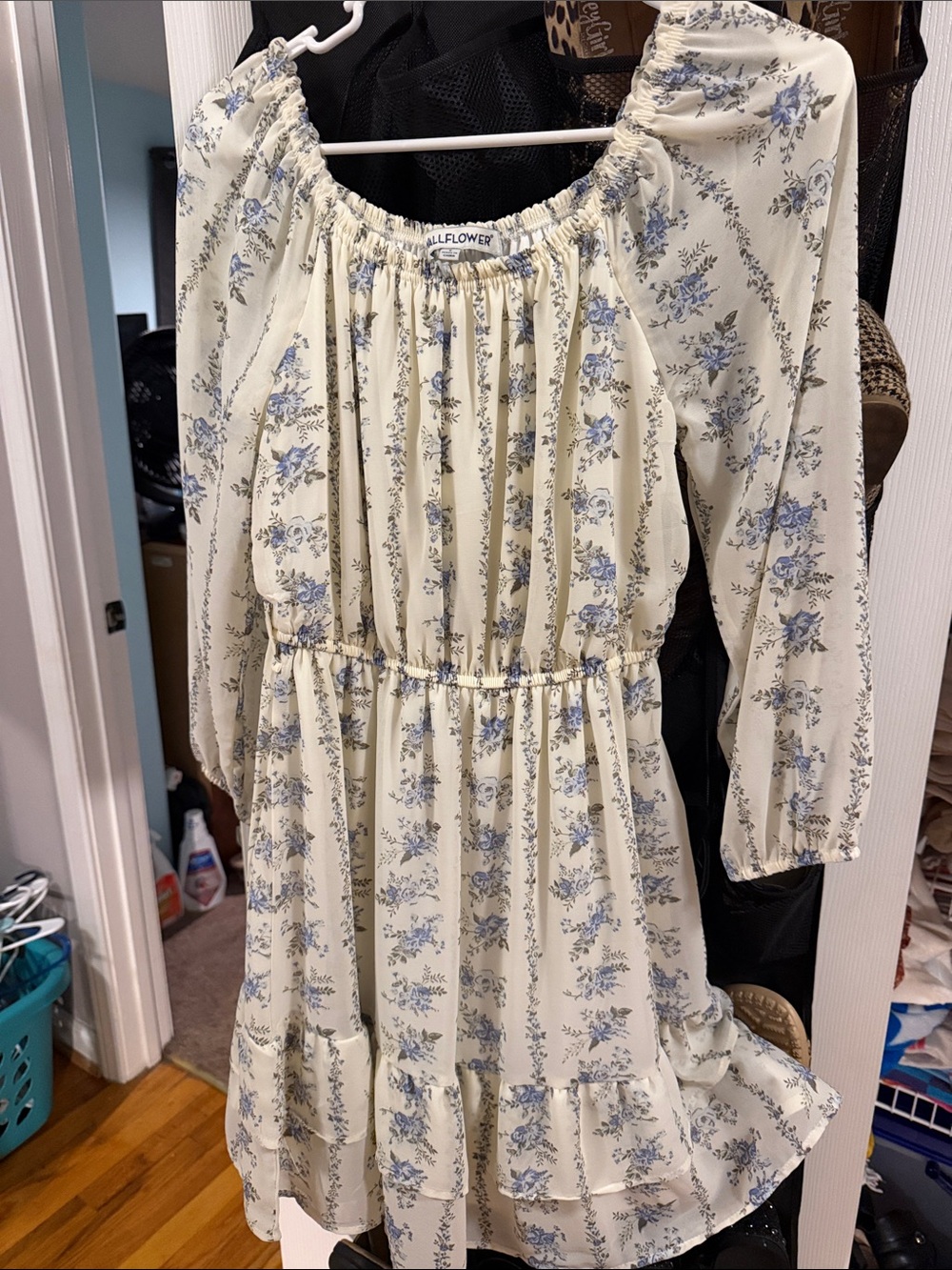 Wallflower Cream Floral Off-Shoulder Kids Dress with Blue Blooms